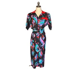 NWT Vintage 80's Byer Too! Floral Pattern Dress Size 9 Shoulder Pads Black Red